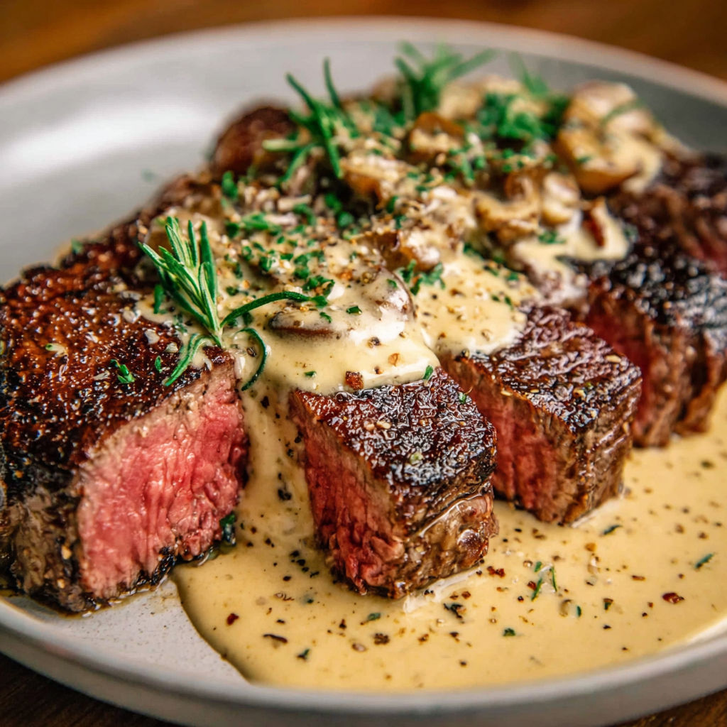 A plate of meat with mushrooms on top.