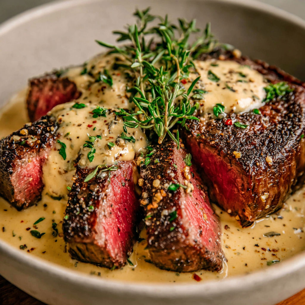 A bowl of meat with herbs on top.