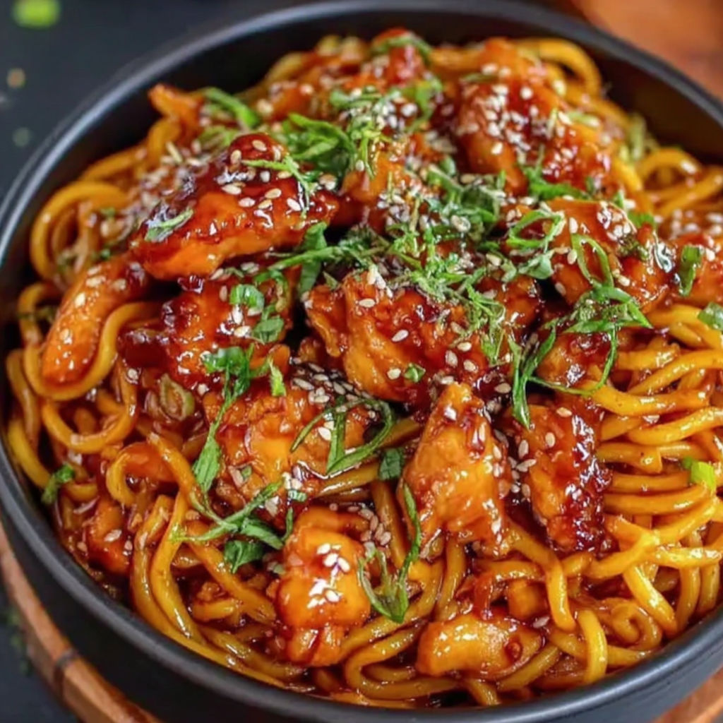 A bowl of noodles with chicken and vegetables.