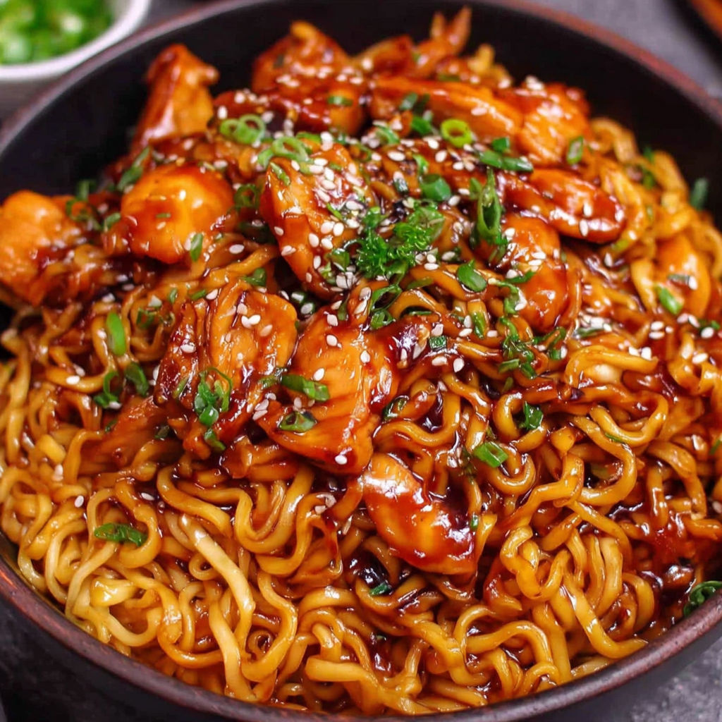 A bowl of noodles with chicken and vegetables.