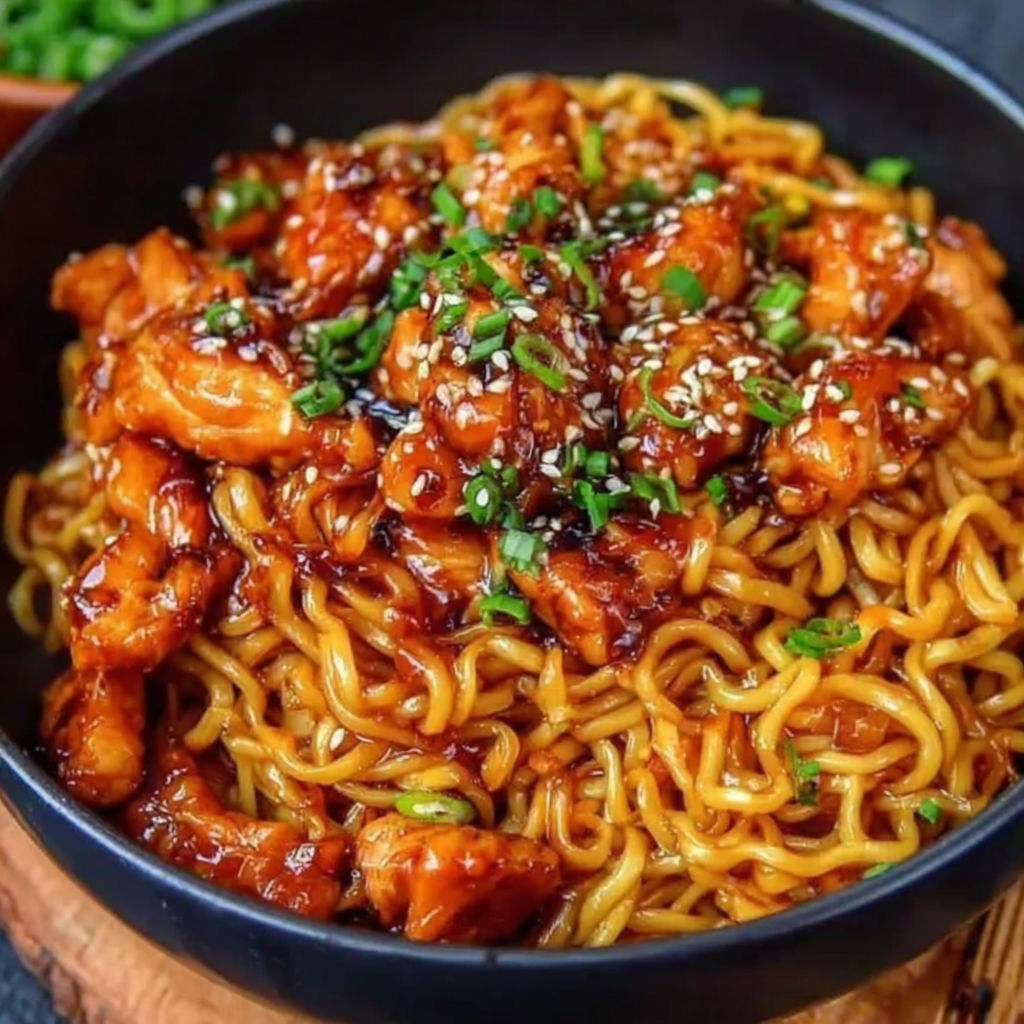 A bowl of chicken with sauce and garnish.