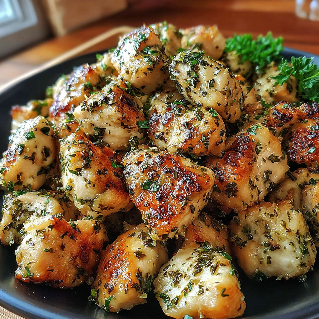 A plate of garlic herbed chicken bites.