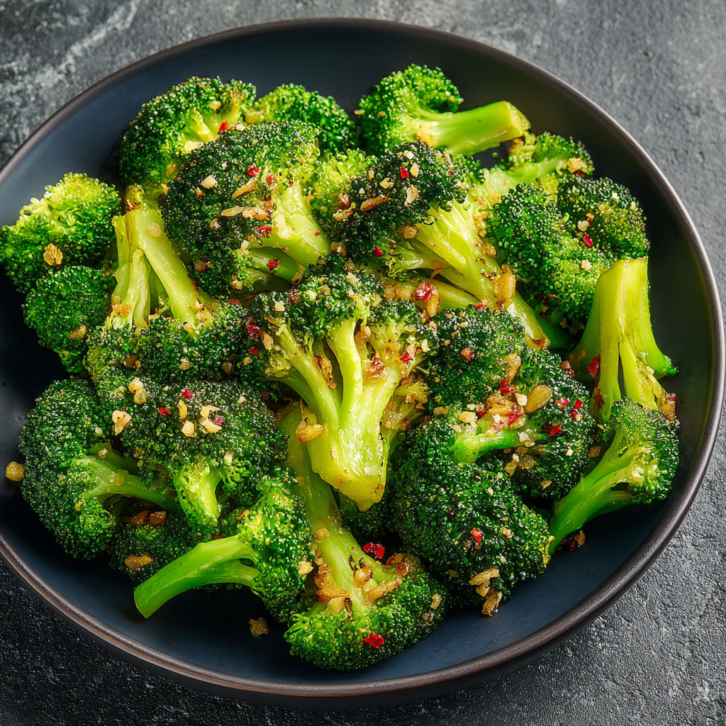 A bowl of broccoli with garlic and herbs.