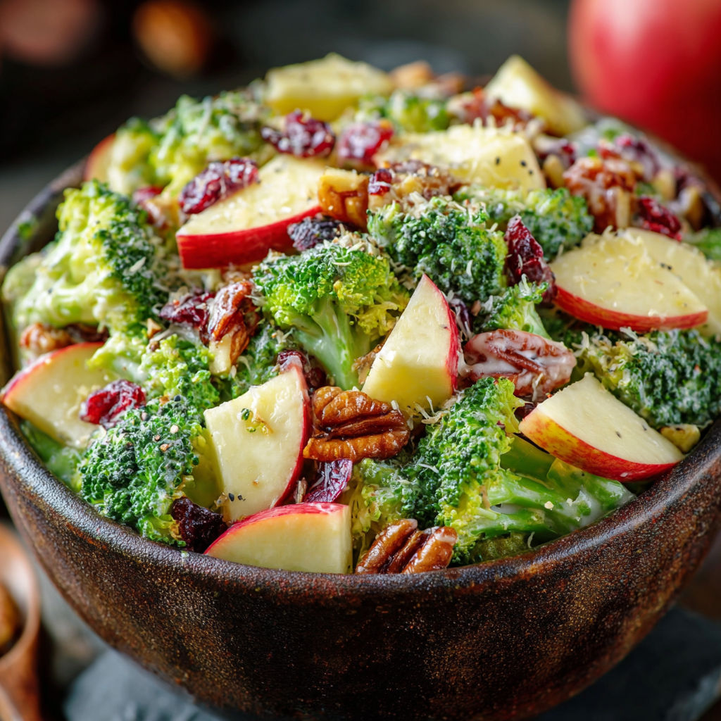 A bowl of broccoli salad with apples.
