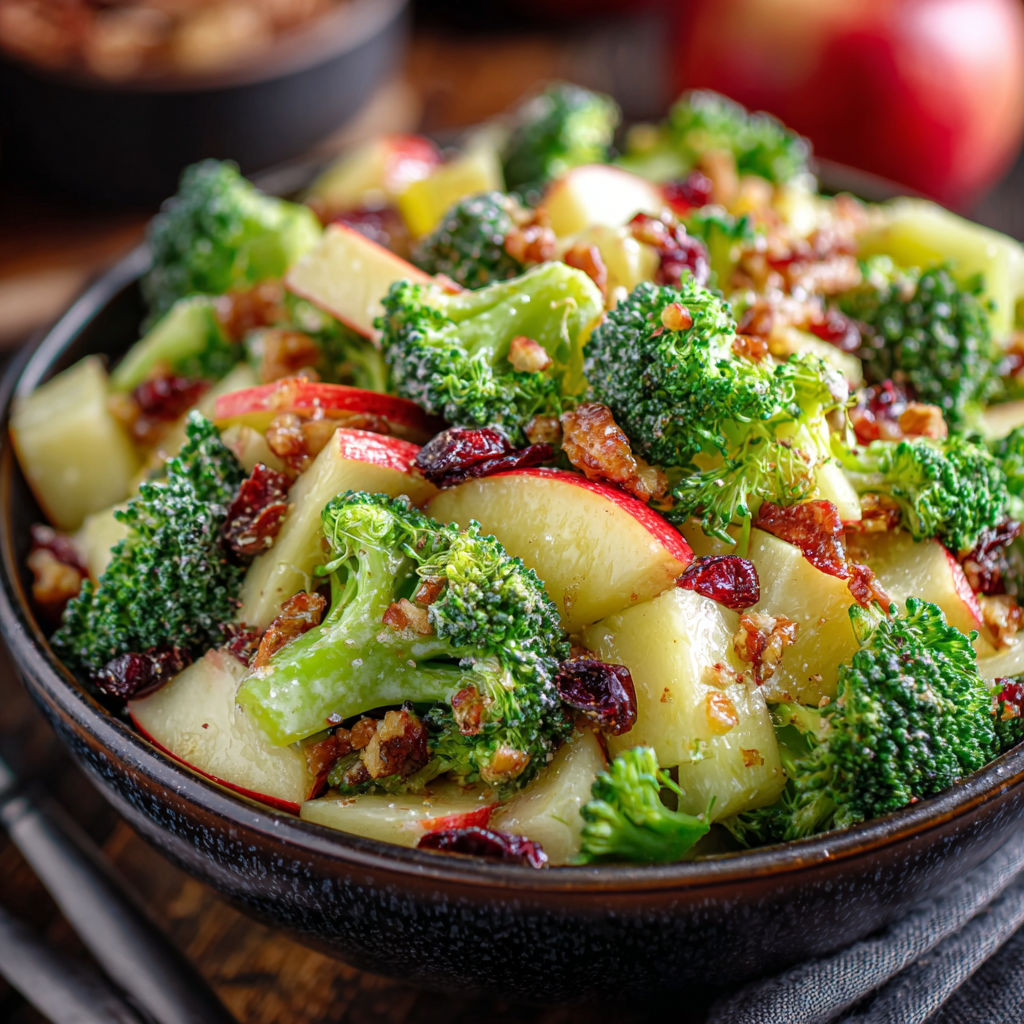 A bowl of food with broccoli and apples.