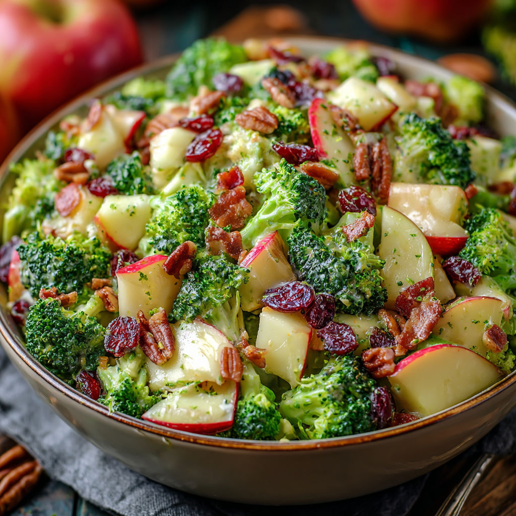 A bowl of broccoli and apples.