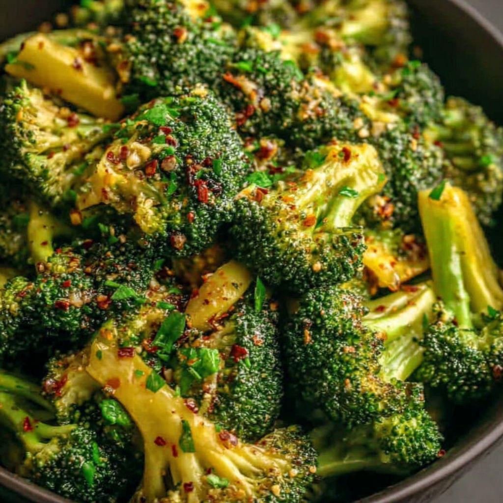 A bowl of broccoli with spices.