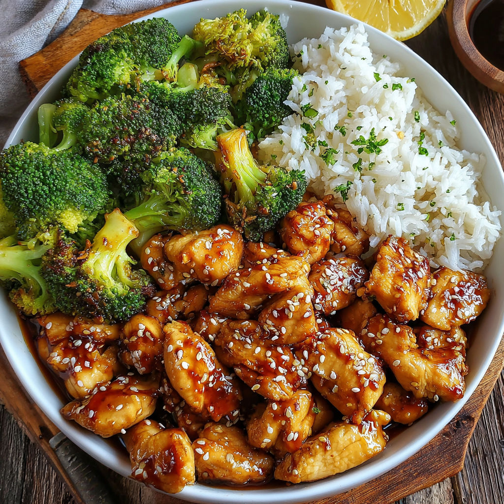 A bowl of food with rice, broccoli, and chicken.