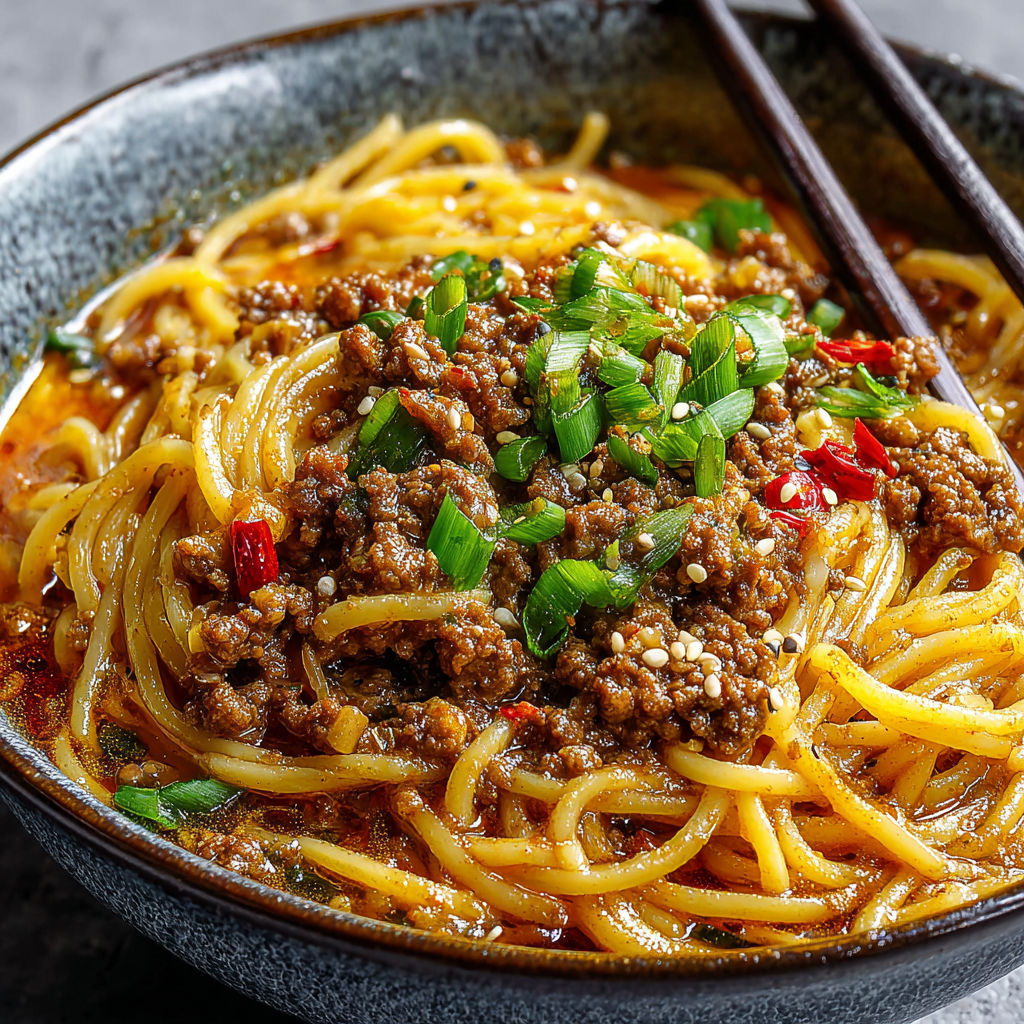 A bowl of Asian ground beef noodles.