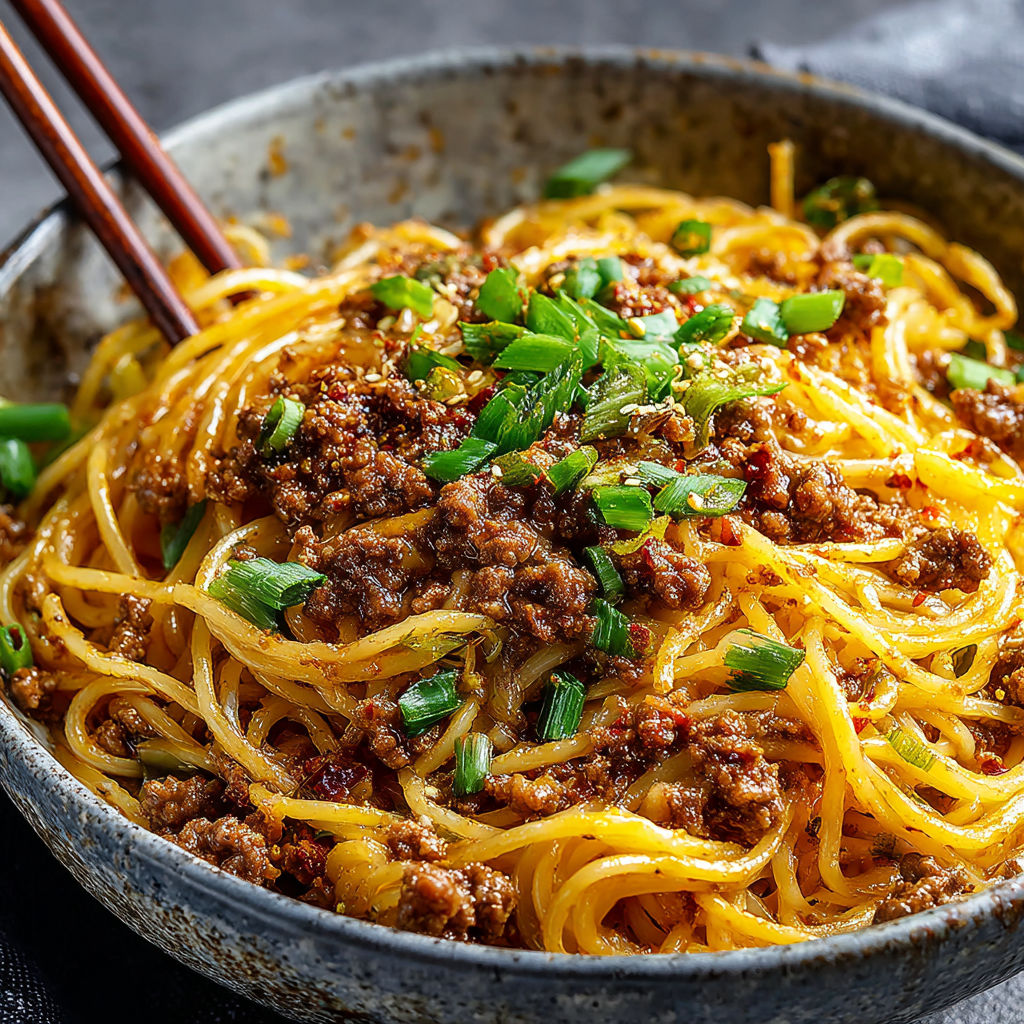 A bowl of noodles with meat and vegetables.