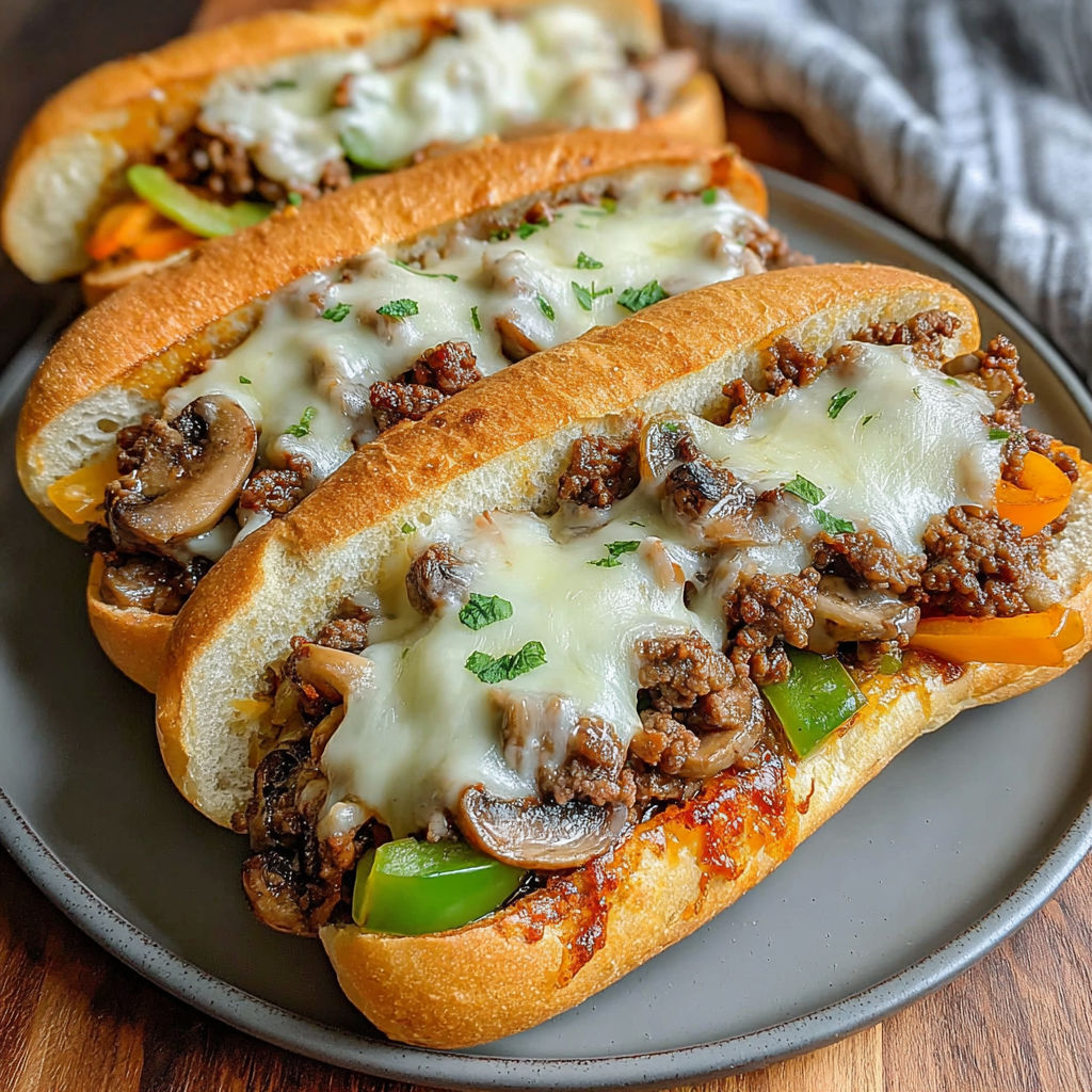Two sandwiches with meat and cheese on a plate.