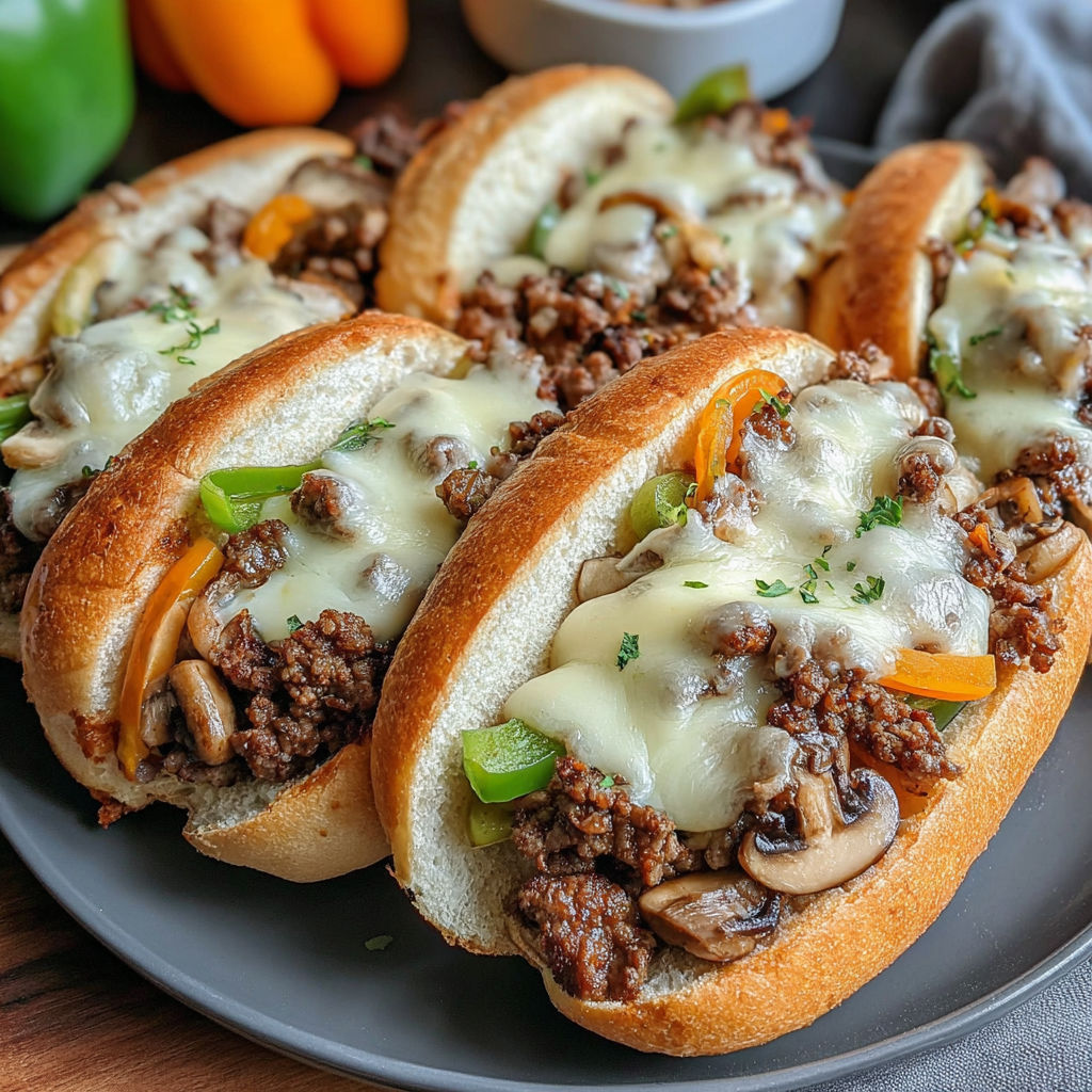 Two sandwiches with meat and cheese on a plate.