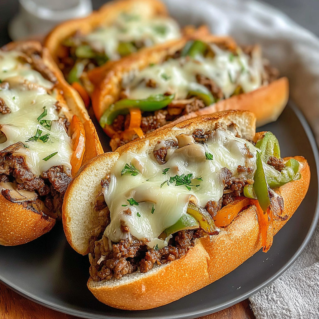 A plate of Philly cheesesteaks with mushrooms and peppers.
