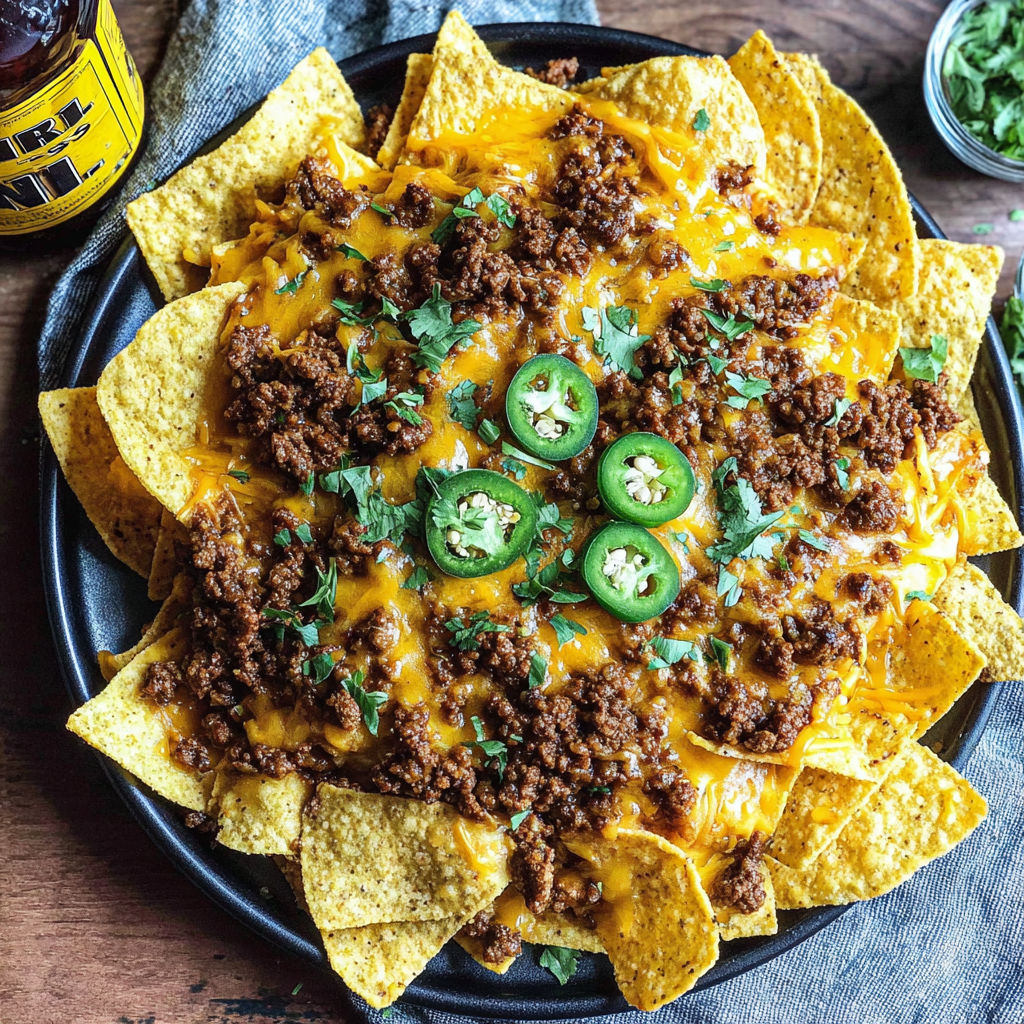 A plate of nachos with cheese and jalapenos.