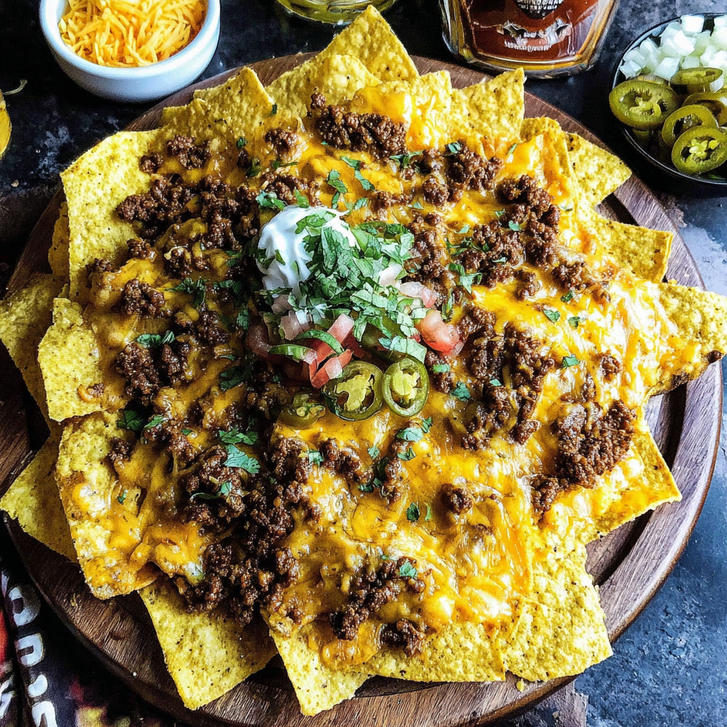 A plate of nachos with cheese and meat on top.