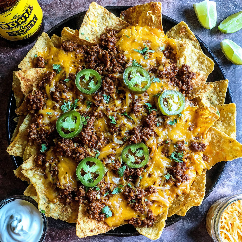 A plate of nachos with cheese and meat on top.