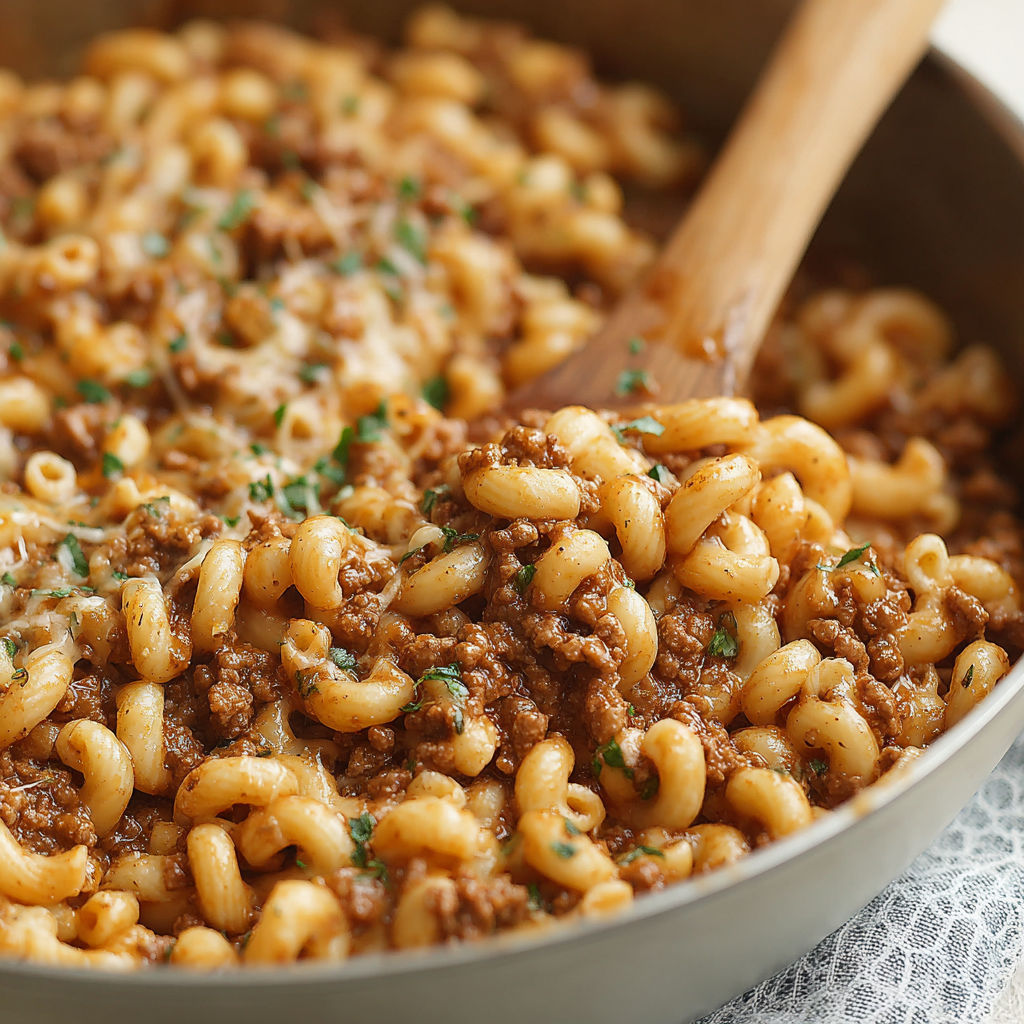 A pan of homemade Hamburger Helper.