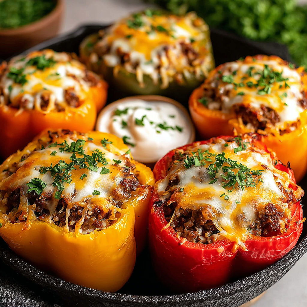 A bowl of stuffed peppers with cheese and sour cream.