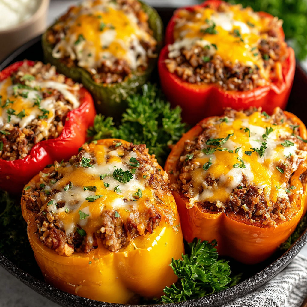 Four stuffed peppers with cheese and meat filling.