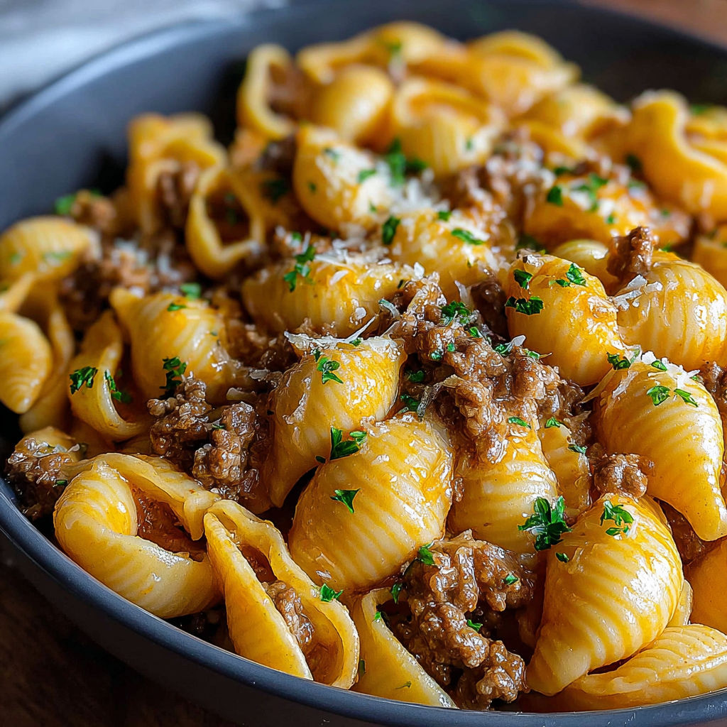 A bowl of pasta with meat and cheese.