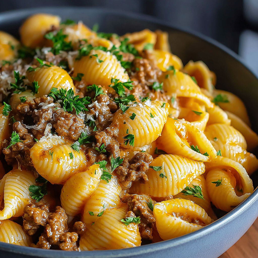 A bowl of pasta with meat and cheese.