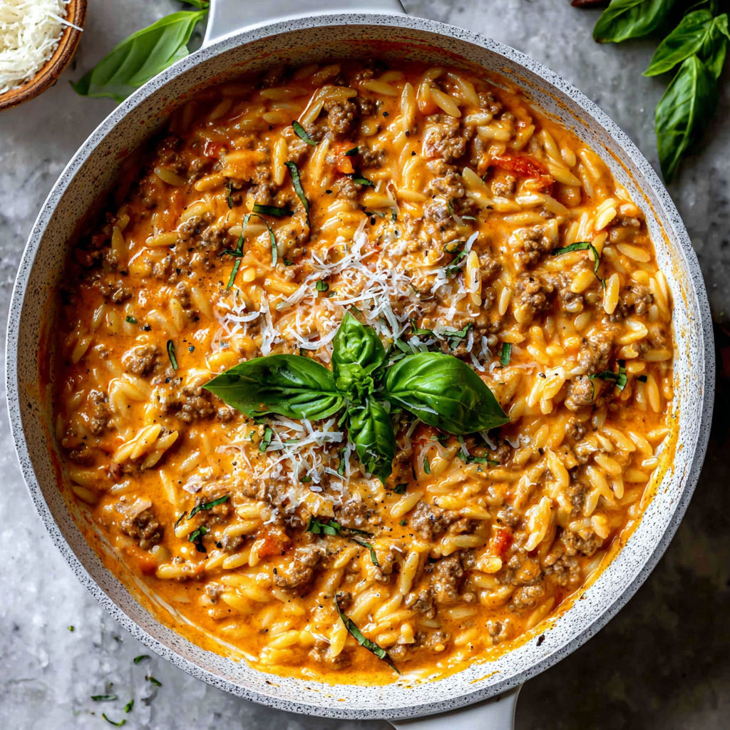 A bowl of ground beef orzo with tomato cream sauce and fresh basil.
