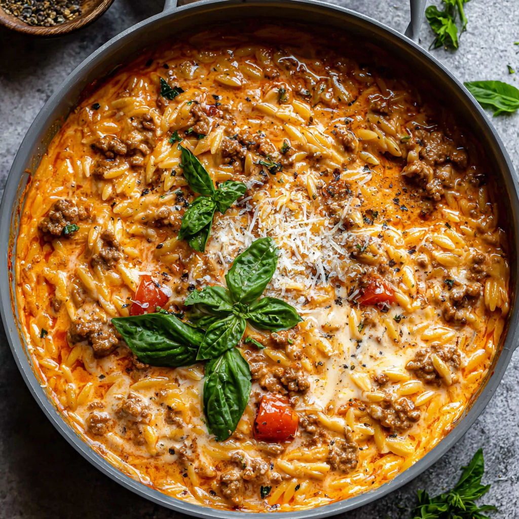 A bowl of ground beef orzo with tomato cream sauce and fresh basil.