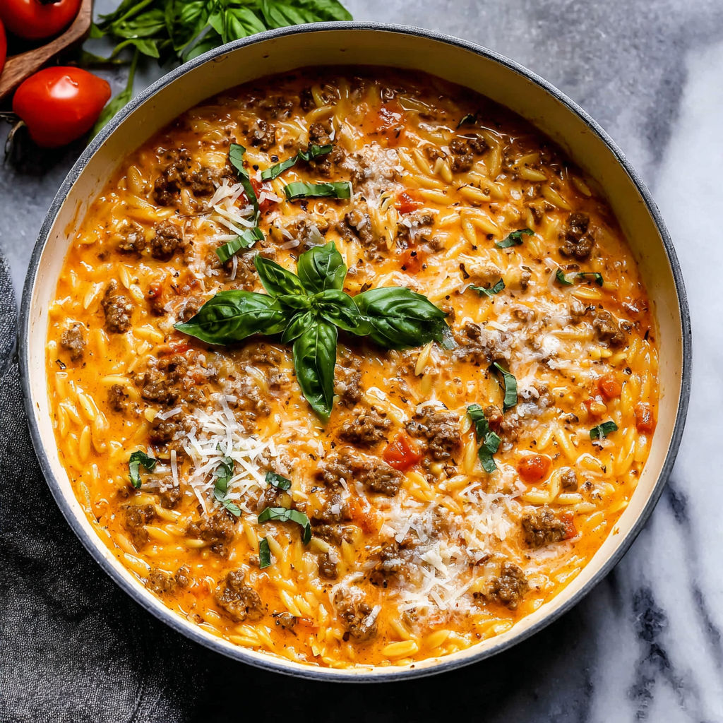 A bowl of ground beef orzo with tomato cream sauce and fresh basil.