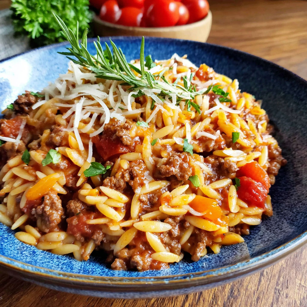 A plate of ground beef orzo.