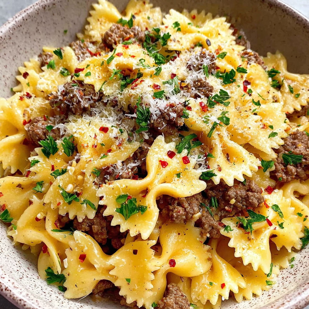 A bowl of pasta with meat and cheese.
