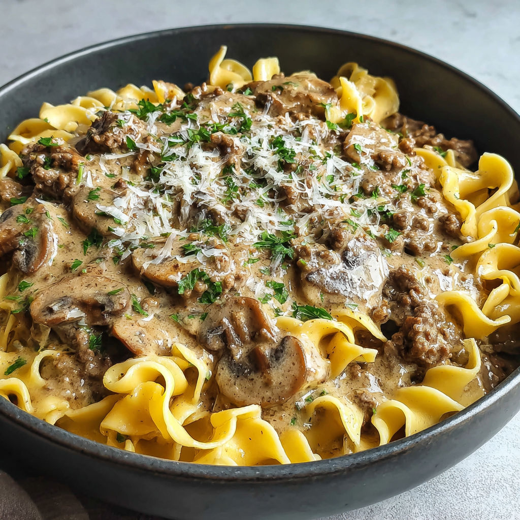 A bowl of ground beef stroganoff.