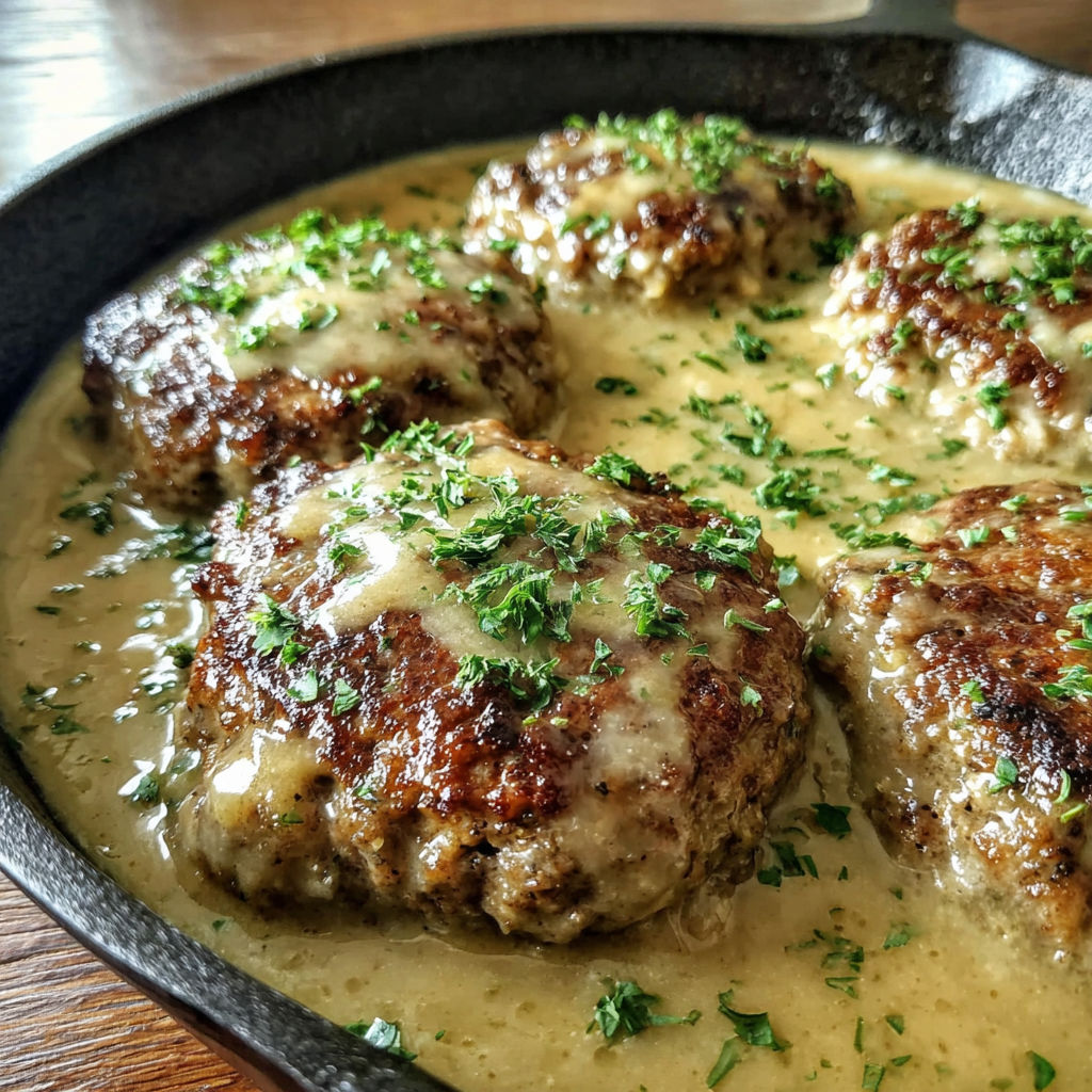 A plate of meat covered in gravy.