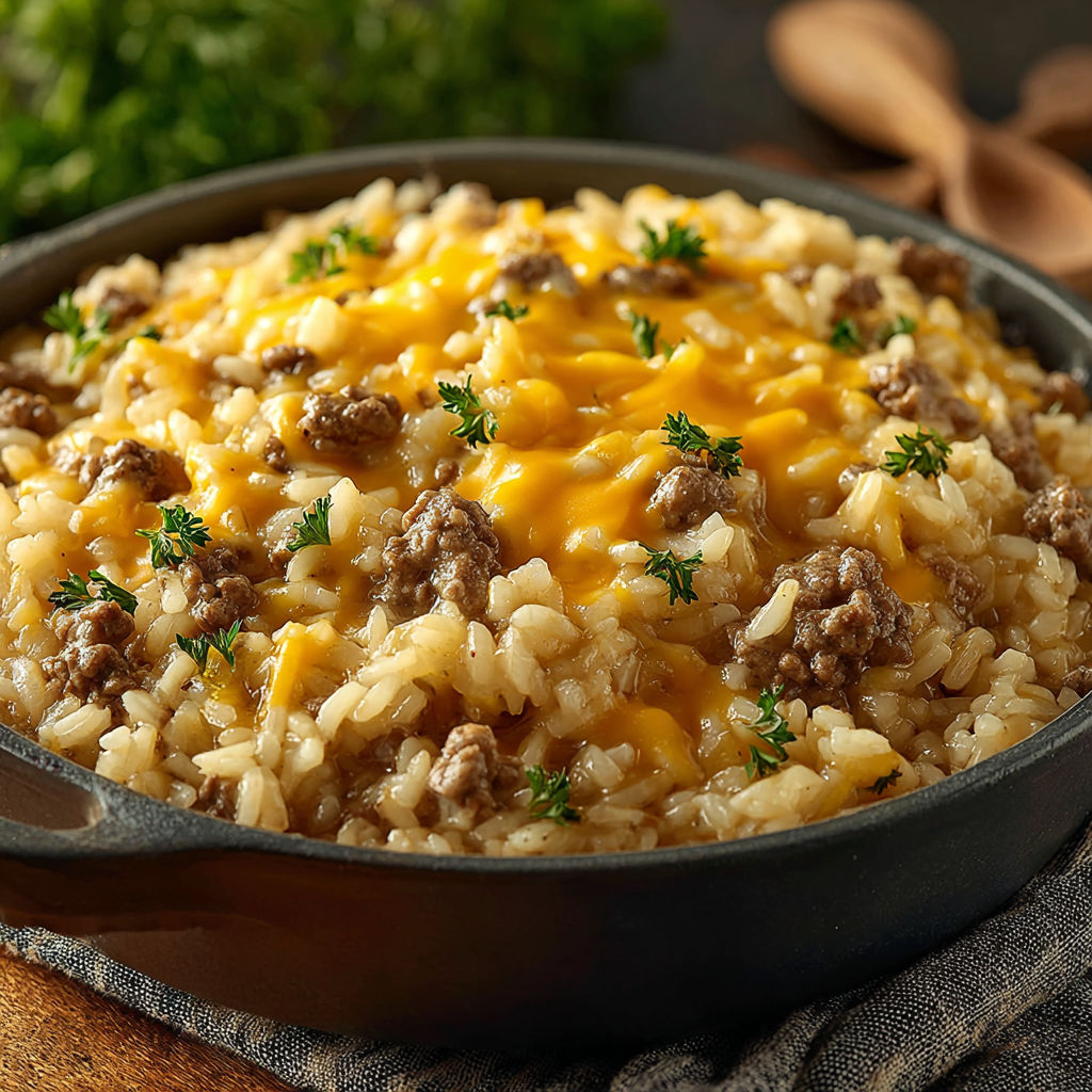 A bowl of rice with meat and cheese.