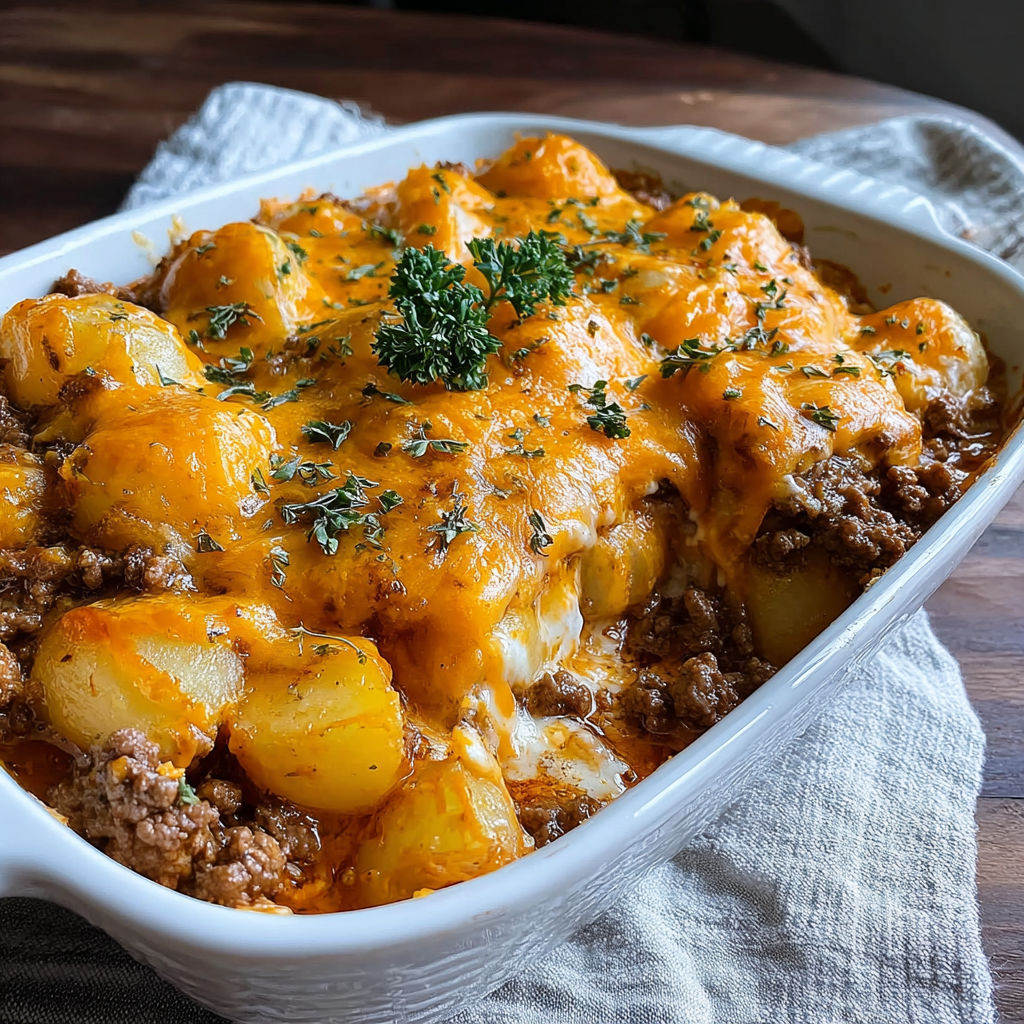 A white bowl filled with a delicious hobo casserole.