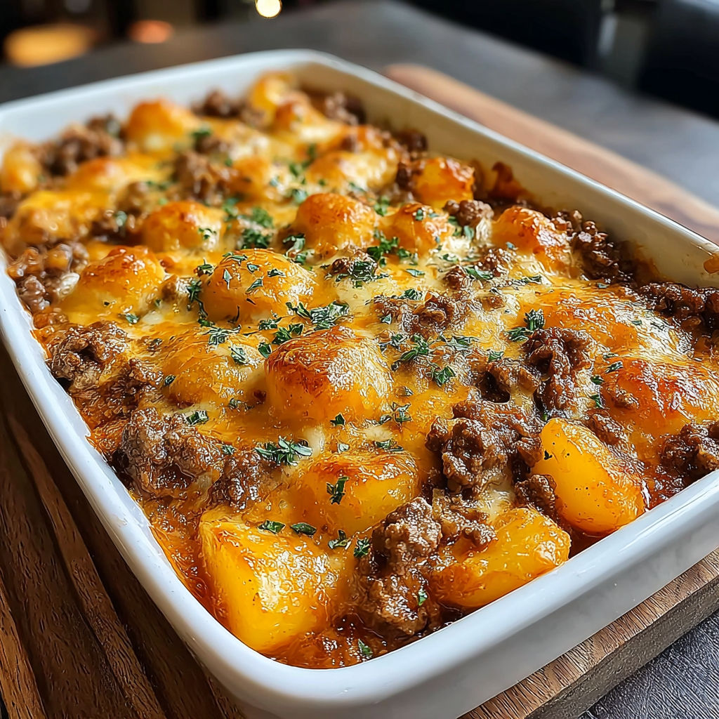 A white bowl filled with a delicious hobo casserole.