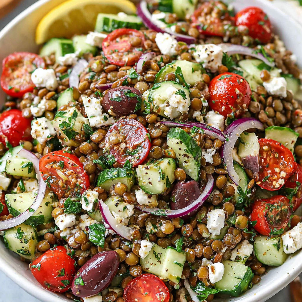 A bowl of lentil salad with tomatoes, cucumbers, and olives.