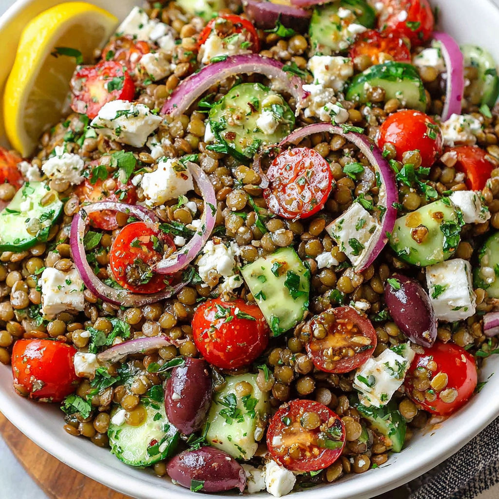A bowl of food with tomatoes, cucumbers, and olives.