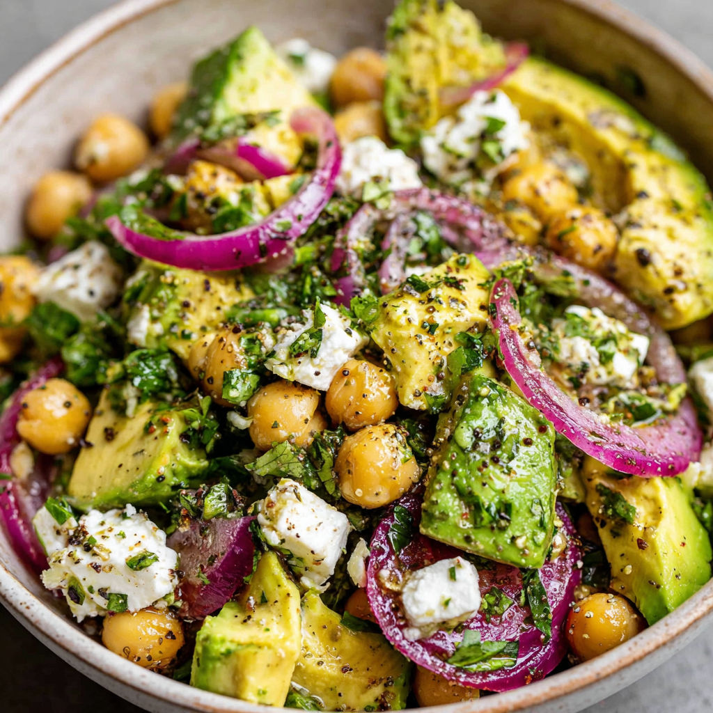 A bowl of chickpea feta avocado salad.