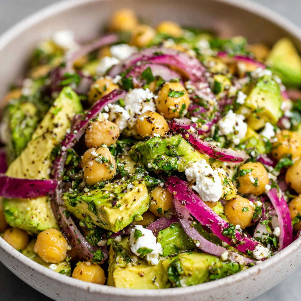 A bowl of food with chickpeas, onions, and avocado.
