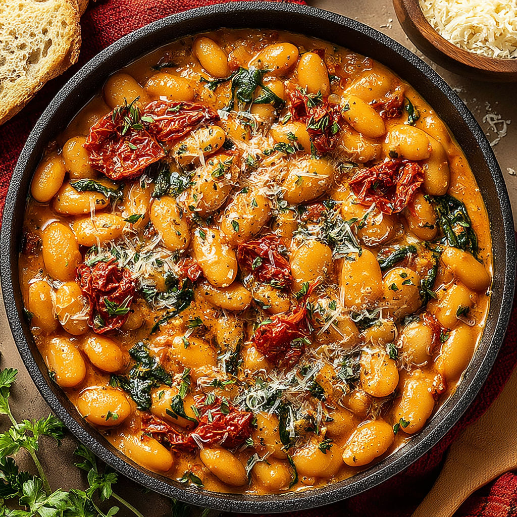 A bowl of beans with cheese and tomatoes.