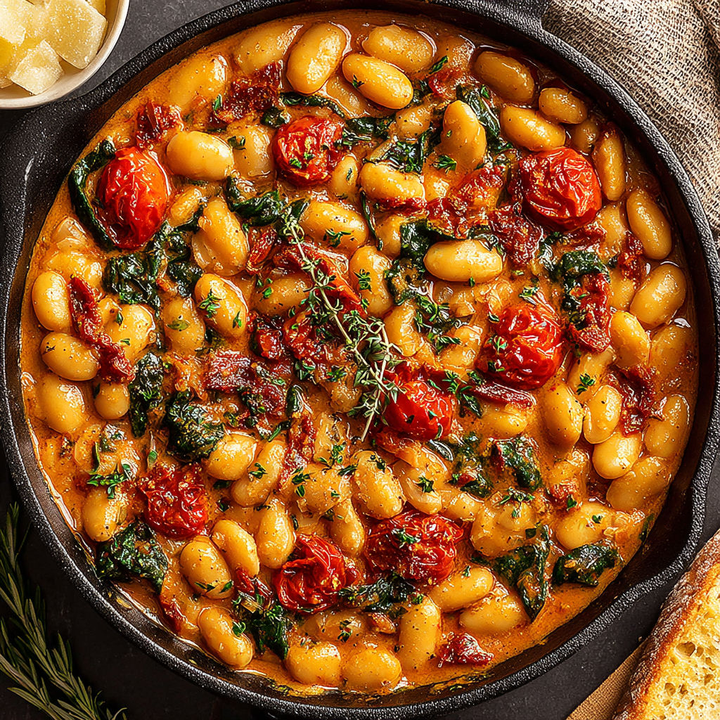 A bowl of food with tomatoes and beans.