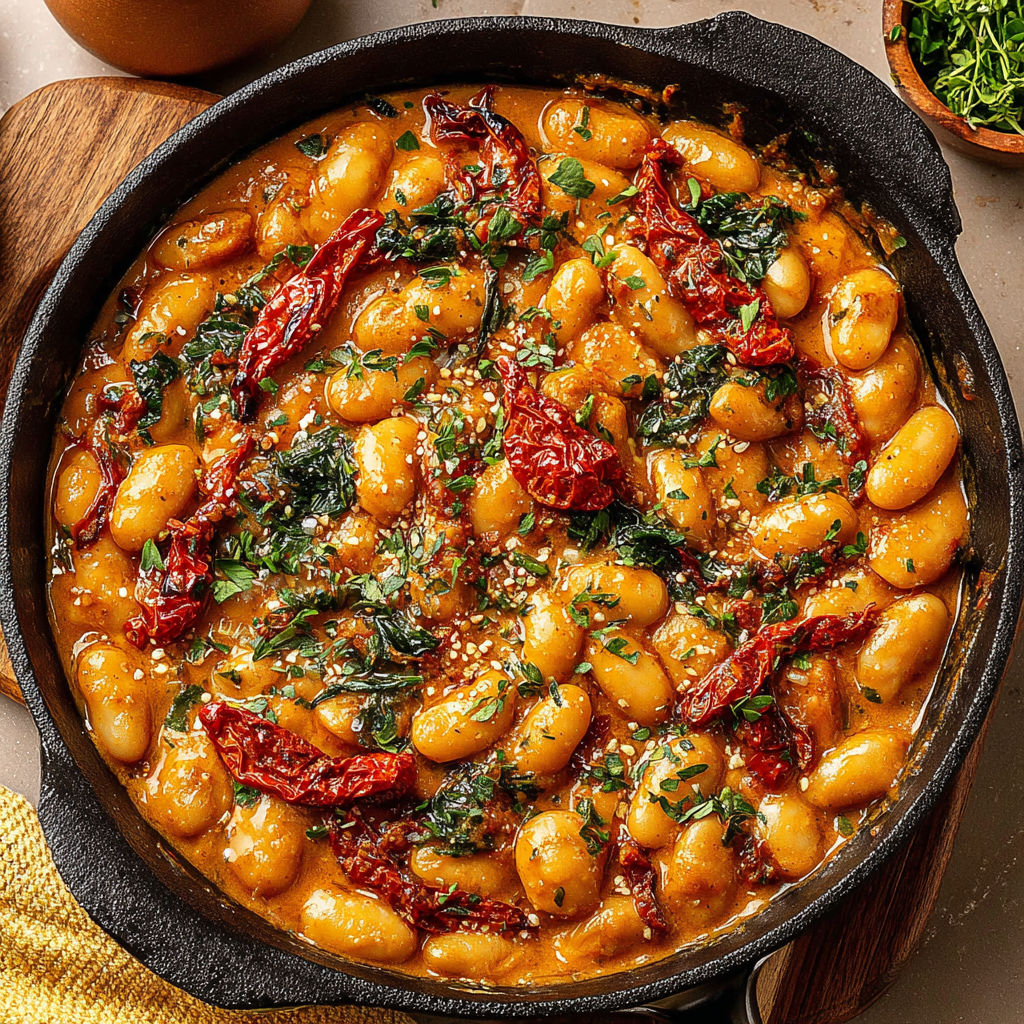 A dish of beans and tomatoes with greens on top.