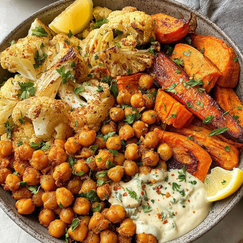 A glow bowl recipe with roasted vegetables and tahini yogurt sauce.