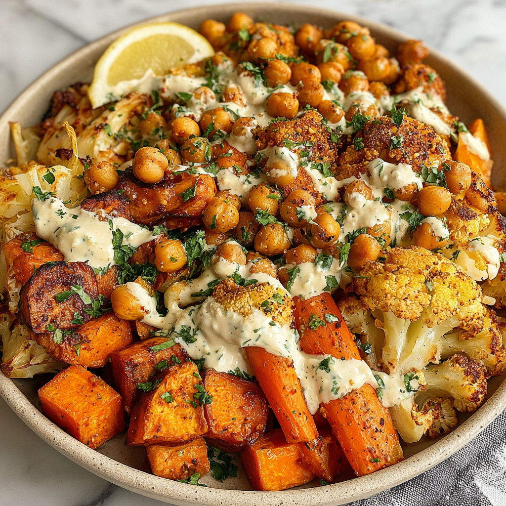 A bowl of roasted vegetables with a tahini yogurt sauce.