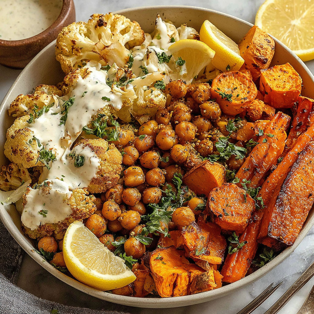 A bowl of roasted vegetables with a tahini yogurt sauce.