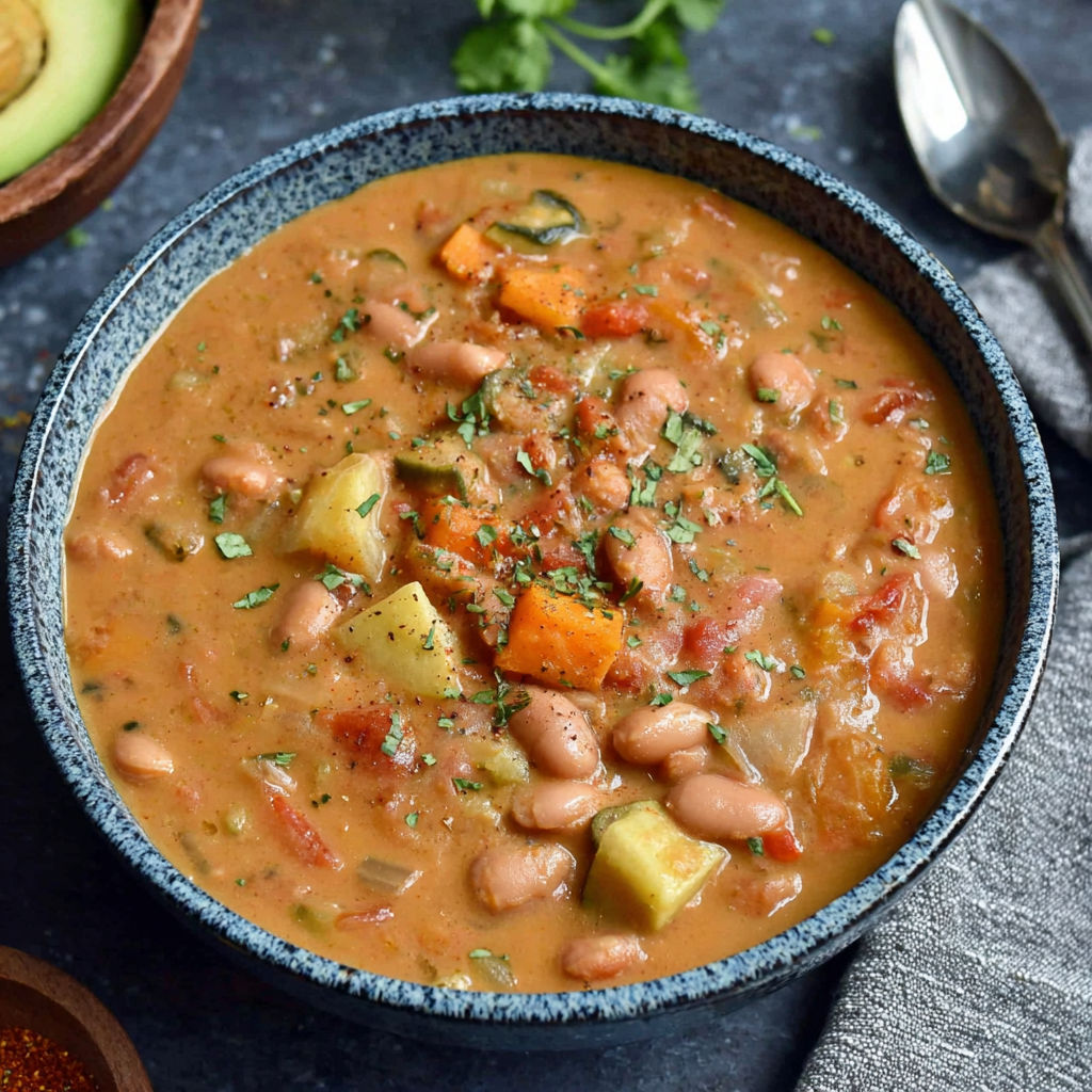 A bowl of soup with a spoon in it.