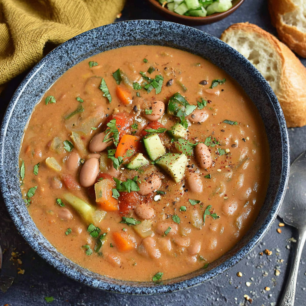 A bowl of soup with vegetables and beans.