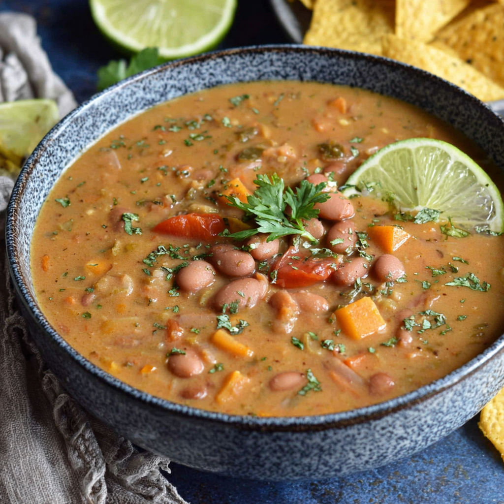 A bowl of pinto bean soup with limes on top.