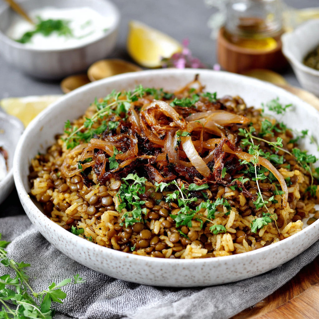 A bowl of rice with onions and herbs.