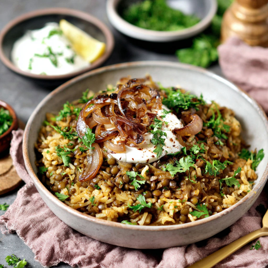 A bowl of rice with onions and cheese on top.